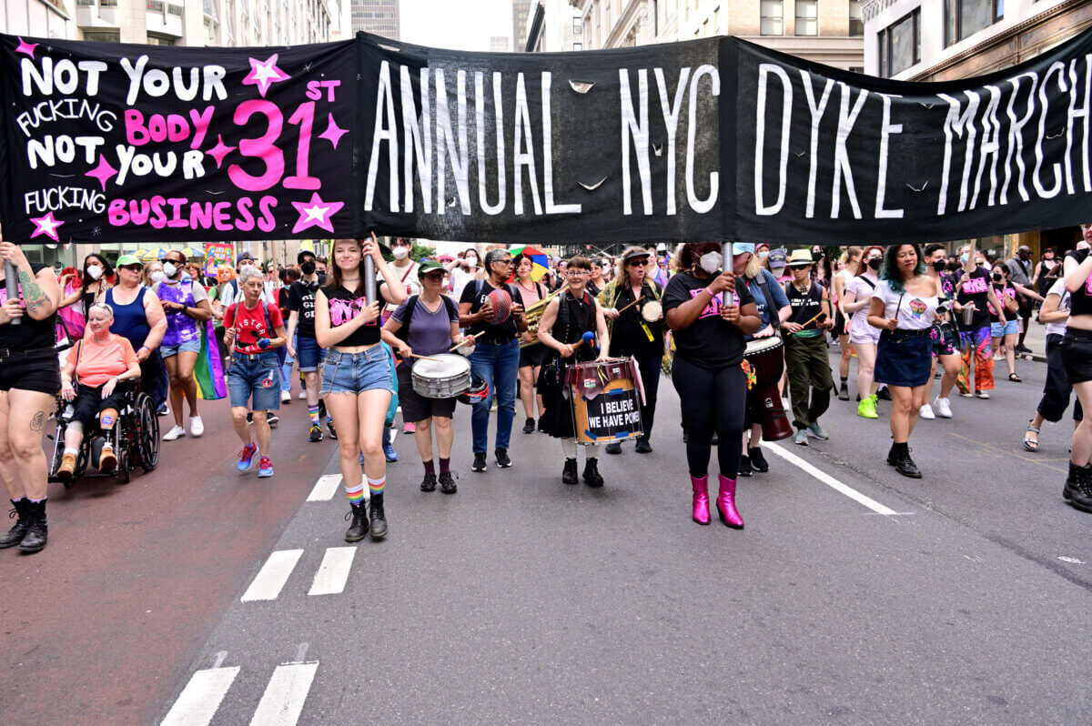 Marchers move to the beat of the drum at the 2023 NYC Dyke March.