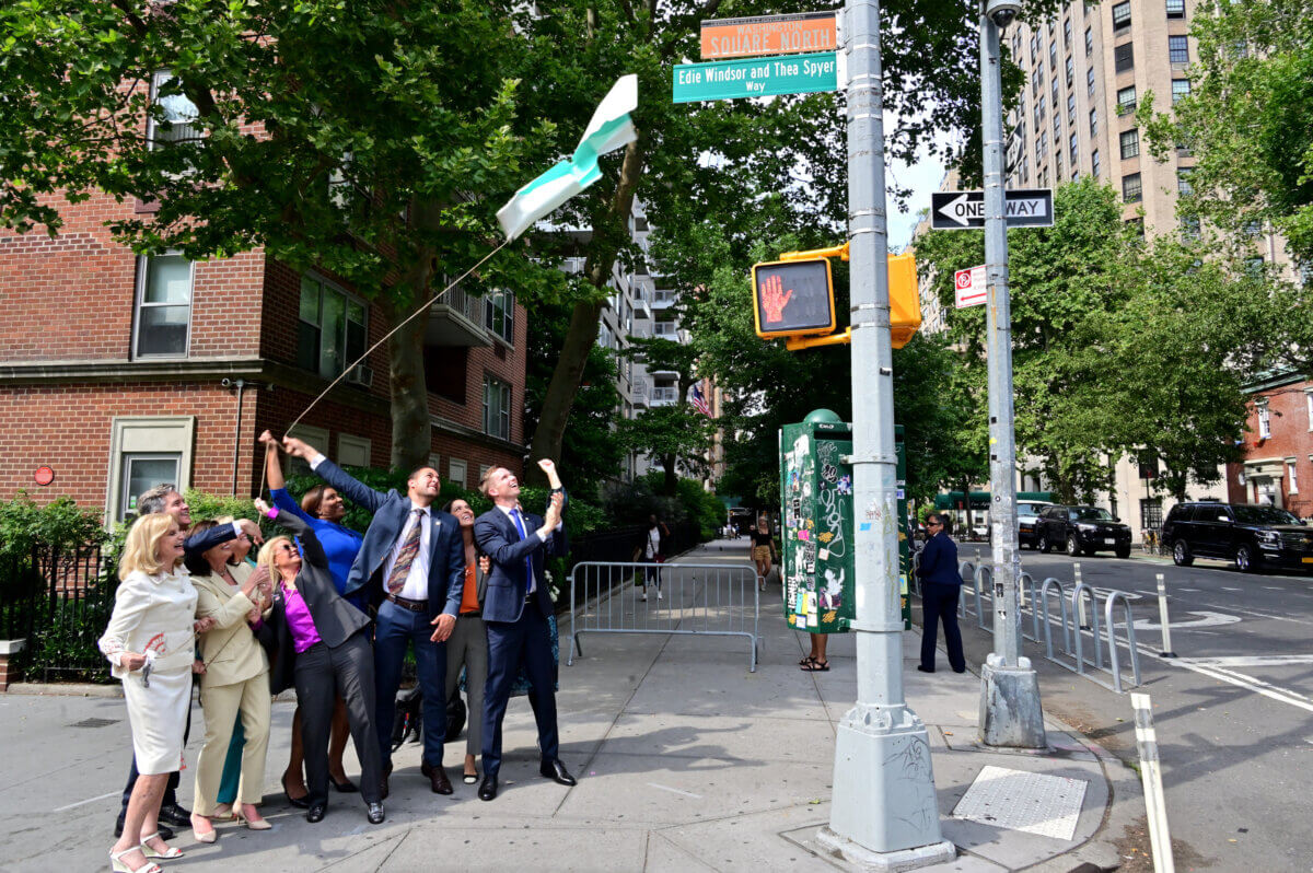 The unveiling of Edie Windsor and Thea Speyer Way at Fifth Avenue and Washington Square North.