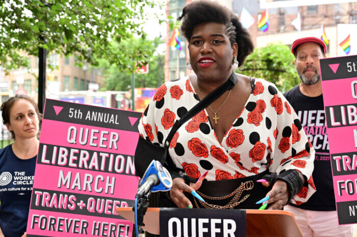 Qween Jean speaks during a press conference ahead of the Queer Liberation March.