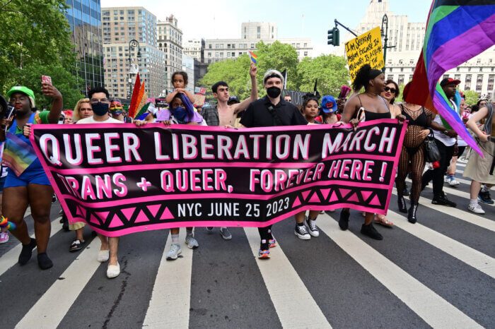 The lead banner at the Reclaim Pride Coalition's 2023 Queer Liberation March.