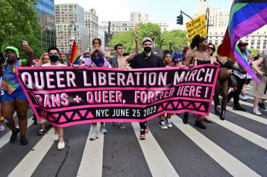 The lead banner at the Reclaim Pride Coalition's 2023 Queer Liberation March.