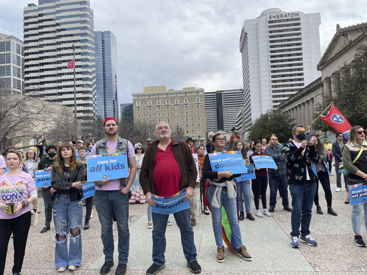 Advocates gather for a rally at the state Capitol complex in Nashville, Tenn., to oppose a series of bills that target the LGBTQ community, Tuesday, Feb. 14, 2023.