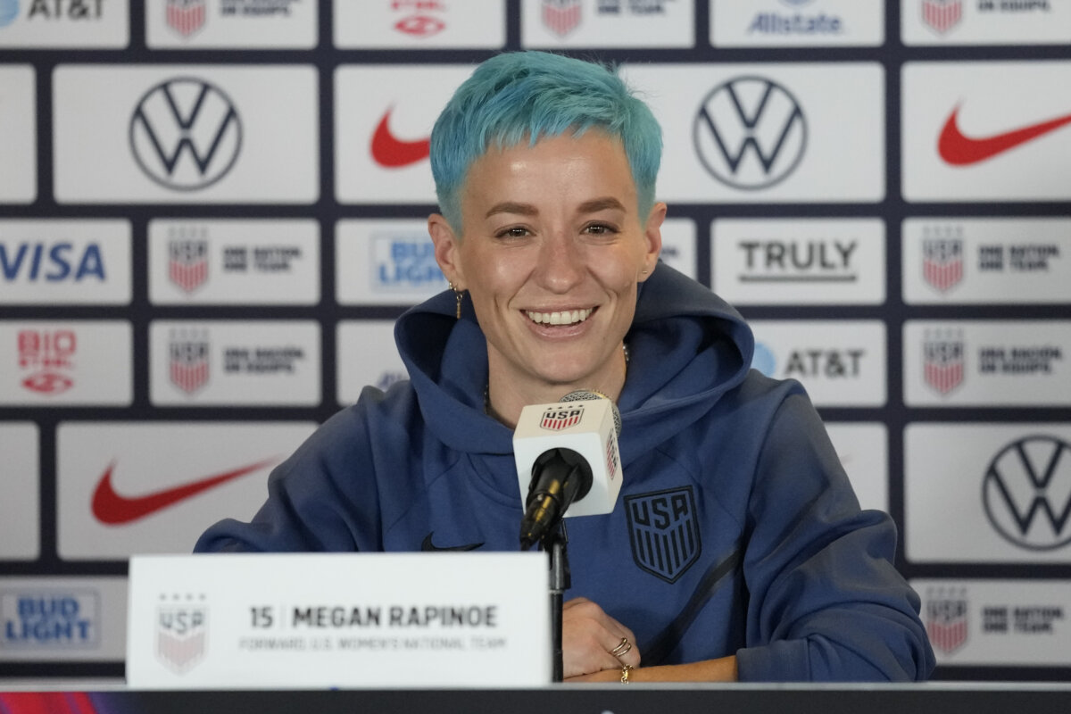 US soccer player Megan Rapinoe speaks to reporters during the 2023 Women's World Cup media day for the United States Women's National Team in Carson, Calif., Tuesday, June 27, 2023.