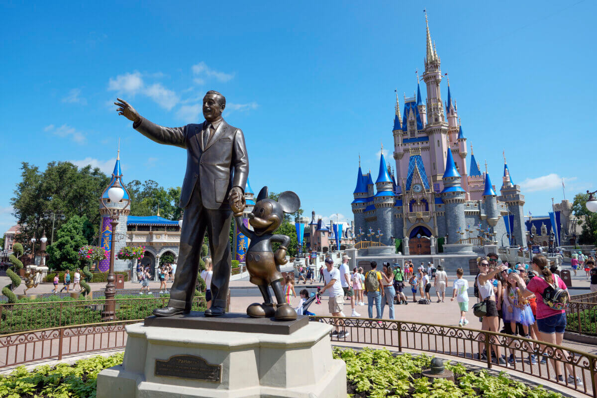 Park guests stroll past the statue of Walt Disney and Mickey Mouse in the Magic Kingdom at Walt Disney World Friday, July 14, 2023, in Lake Buena Vista, Fla.