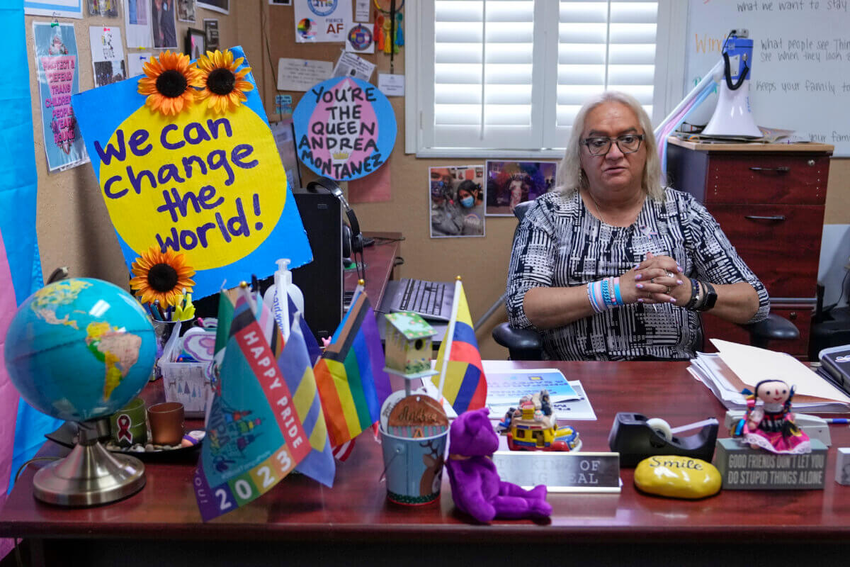 Andrea Montanez sits in her office in the Hope Community Center, Thursday, June 22, 2023, in Apopka, Fla. Florida's law has already created obstacles for Montanez, an LGBTQ+ immigration organizer. Montanez, 57, said her prescription for hormone therapy was initially denied after the restrictions were signed.
