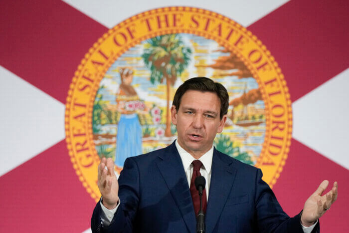 Florida Gov. Ron DeSantis speaks during a news conference to sign several bills related to public education and increases in teacher pay, in Miami, on May 9, 2023.