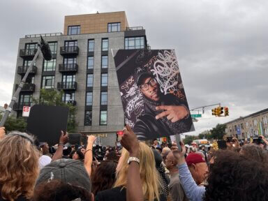 A picture shows the late O'Shae Sibley during a demonstration in Brooklyn after he was killed there in an alleged anti-LGBTQ attack.
