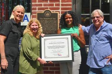 Former professional tennis player Rennae Stubbs, Stonewall Inn co-owner Stacy Lentz, US Tennis Association chief of diversity, inclusion and equity Marisa Grimes, and Stonewall Inn co-owner Kurt Kelly.