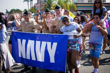 Soldiers of the California National Guard with fellow service members and veterans during San Diego Pride