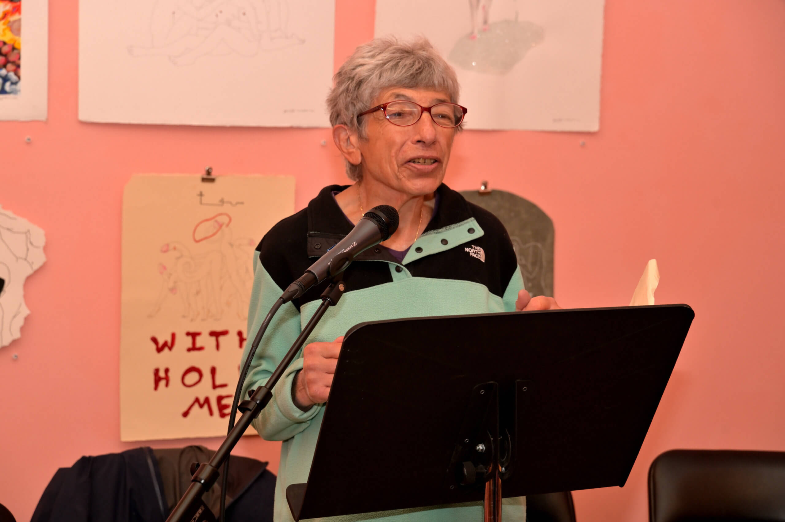Martha Shelley reads to the audience at the LGBT Community Center on Oct. 15, 2023.