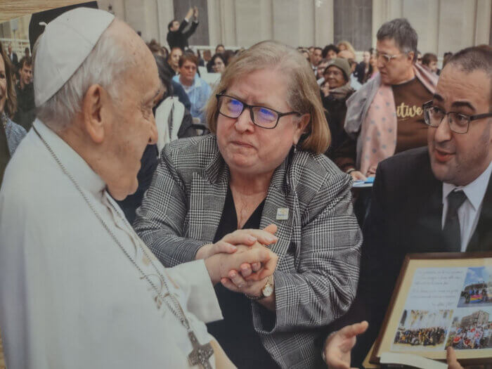 Marianne Duddy-Burke, Dignity USA executive director and co-chair of the Global Network of Rainbow Catholics, meets with Pope Francis at the Vatican.