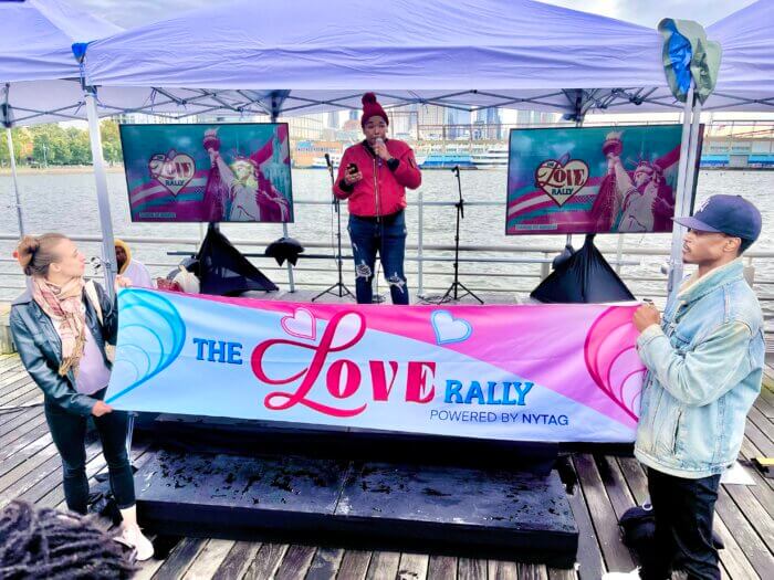 Kiara St. James of New York Transgender Advocacy Group delivering remarks at the Christopher Street Pier.