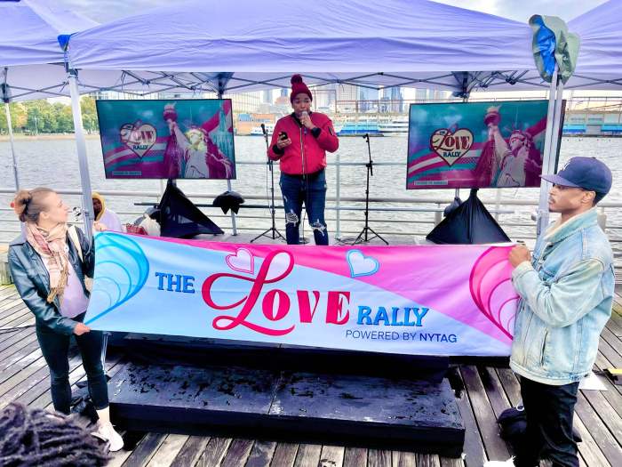 Kiara St. James of New York Transgender Advocacy Group delivering remarks at the Christopher Street Pier during the 2023 National Trans Visibility March.