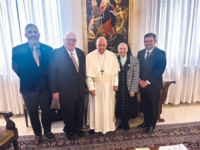 Members of New Ways Ministry meeting with Pope Francis. From left to right: Matthew Myers, Francis DeBernardo, Sister Jeannine Gramick and Robert Shine.