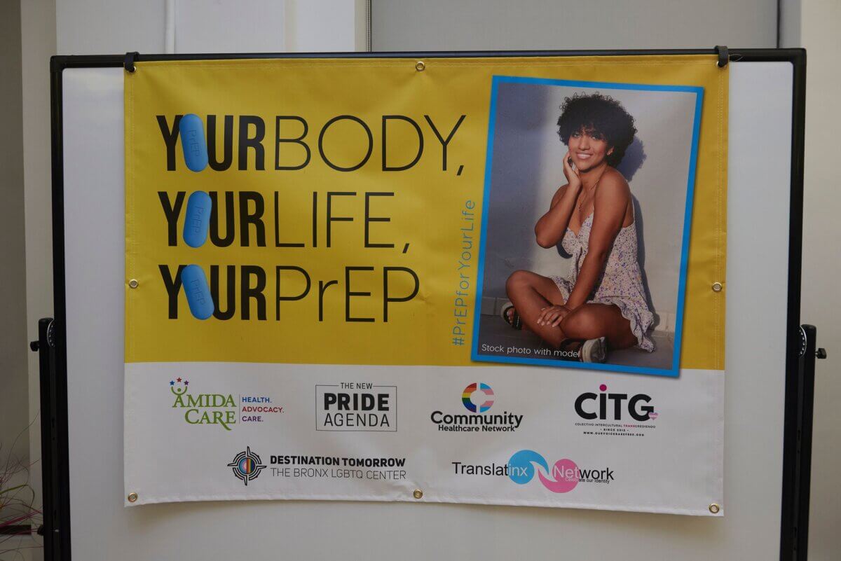 A banner promotes a PrEP awareness campaign targeting transgender and gender non-conforming individuals.