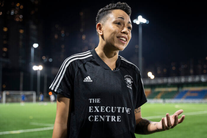 Gina Benjamin, vice captain of a Women's seven-a-side team, speaks during an interview in Hong Kong, Tuesday, Oct. 31, 2023.