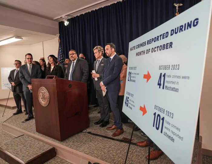 Manhattan District Attorney Alvin Bragg and a host of elected officials gathered in November of 2023 to announce the Hate Crimes Modernization Act.