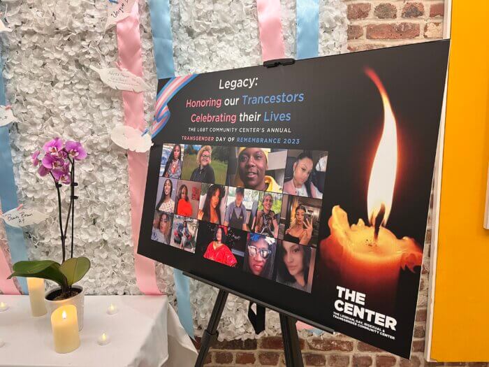 A memorial display sits just outside of the meeting room where attendees gathered for Transgender Day of Remembrance at The LGBT Center.