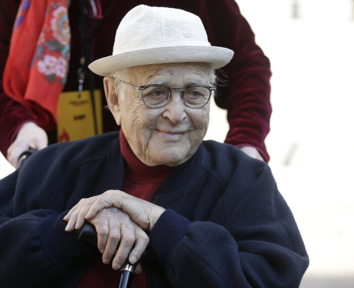 Writer Norman Lear, 97, participates in Jane Fonda's Fire Drill Fridays rally, calling for action to address climate change at Los Angeles City Hall Friday, Feb. 7, 2020.