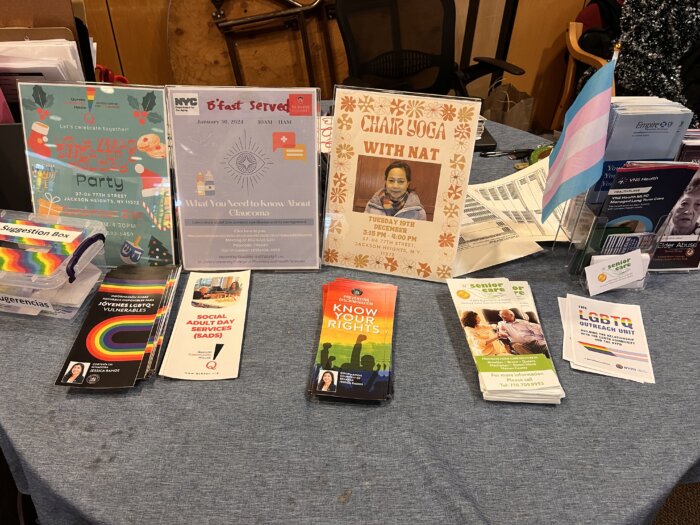 A table near the entrance of the Queens Center for Gay Seniors offers a range of resources for members.