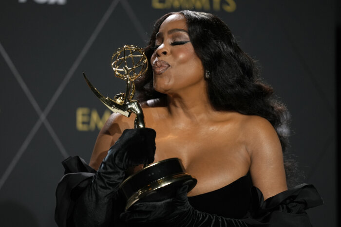 Niecy Nash-Betts, winner of the award for outstanding supporting actress in a limited or anthology series or movie for "Dahmer – Monster: The Jeffrey Dahmer Story," poses in the press room during the 75th Primetime Emmy Awards on Monday, Jan. 15, 2024, at the Peacock Theater in Los Angeles.