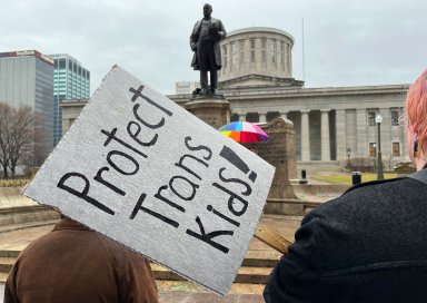 Protesters advocating for transgender rights and healthcare stand outside of the Ohio Statehouse on Wednesday, Jan. 24, 2024, in Columbus, Ohio.