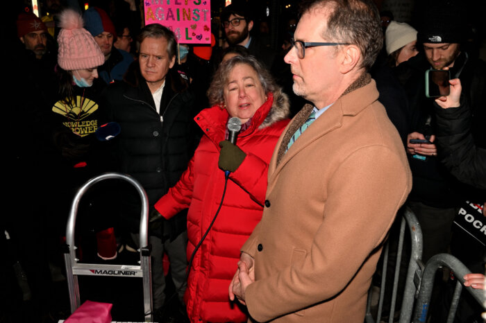 Manhattan State Senator Liz Krueger alongside out gay State Senator Brad Hoylman-Sigal (second from left) and Manhattan Borough President Mark Levine (right).