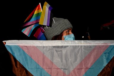 A protest against Moms for Liberty at the Bohemian National Hall in January.