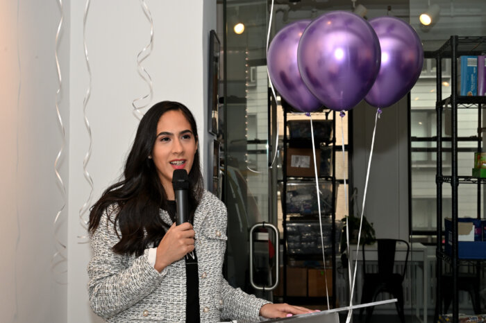 New Pride Agenda executive director Elisa Crespo speaks during the ribbon-cutting ceremony at the organization's new space on West 29th St.