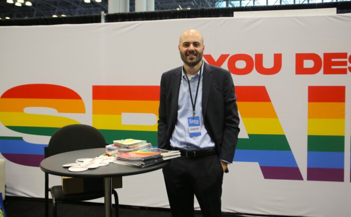 Gonzalo Fernandez of Spain’s National Tourist Office promotes the 2026 Gay Games in Valencia at the LGBTQ Pavilion at the New York Travel and Adventure Show, Saturday, January 27, 2024.