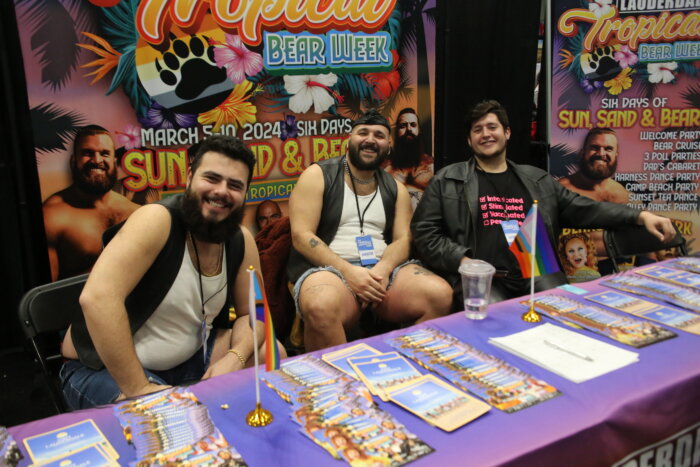 Some leather-clad exhibitors promote Fort Lauderdale’s Bear Weekend at the LGBTQ Pavilion at the New York Travel and Adventure Show, Saturday, January 27, 2024. 