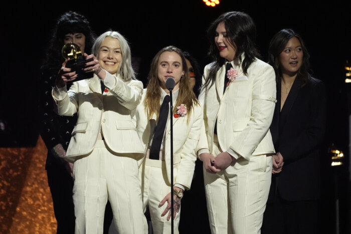Phoebe Bridgers, from left, Julien Baker, and Lucy Dacus, of boygenius, accept the award for best alternative music album for "The Record" during the 66th annual Grammy Awards on Sunday, Feb. 4, 2024, in Los Angeles.