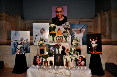 Photographs and candles pay tribute to the late Cecilia Gentili during a memorial service at Judson Memorial Church in Manhattan on Feb. 7.