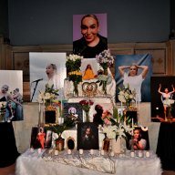 Photographs and candles pay tribute to the late Cecilia Gentili during a memorial service at Judson Memorial Church in Manhattan on Feb. 7.
