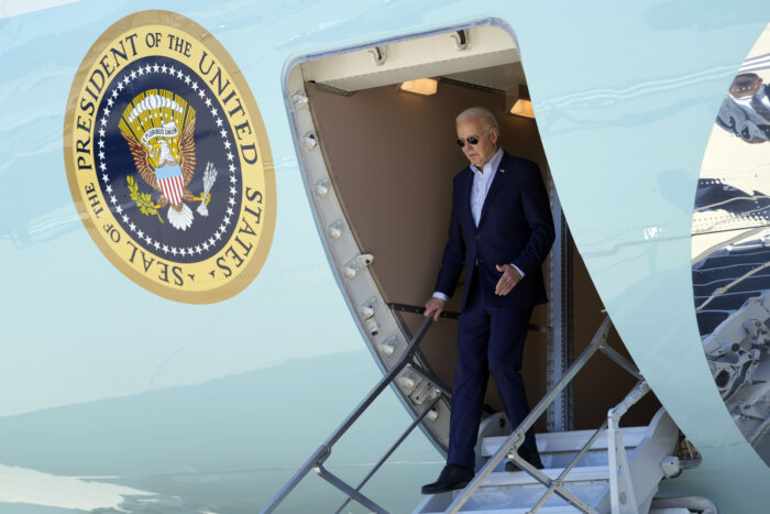 President Joe Biden arrives on Air Force One at Harry Reid International Airport, Tuesday March 19, 2024, in Las Vegas, for campaign events.