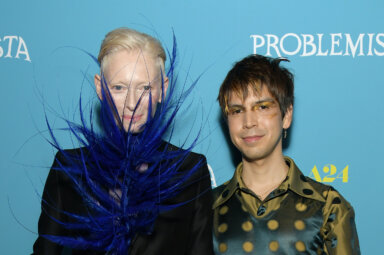 Julio Torres and Tilda Swinton at the Problemista premiere in the East Village.