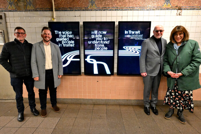 From left to right: Ken Lustbader of the LGBT Historic Sites Project; Finn Brigham and Patrick McGovern of Callen-Lorde Community Health Center; and Bernie Wagenblast at the Christopher Street-Sheridan Square station.