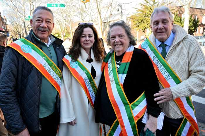 Grand marshals Dennis Brownlee and Geraldine Hughes with co-chair Kathleen Walsh D'Arcy and Daniel Dromm in 2024.
