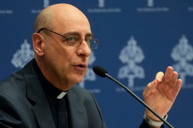 The prefect of the Vatican's Dicastery for the Doctrine of the Faith, Cardinal Victor Manuel Fernandez, presents the declaration 'Dignitas Infinita' (Infinite Dignity) during a press conference at the Vatican, Monday, April 8, 2024.