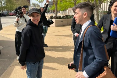 ACLU attorney Chase Strangio, right, and actor Elliot Page leave the Eighth U.S. Circuit Court of Appeals after a hearing Thursday, April 11, 2024, in St. Louis.