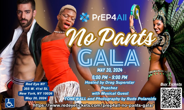 The flyer for PrEP4All's No Pants Gala.