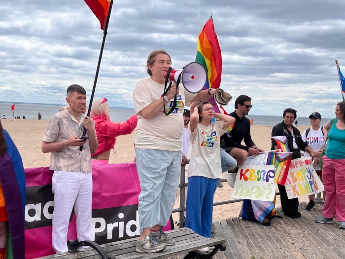 Brighton Beach Pride co-founder Yelena Goltsman delivers remarks.