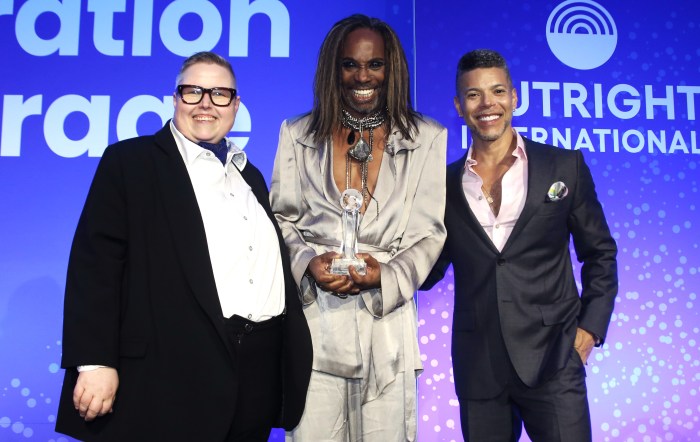 L-R: Maria Sjödin, Outright International’s executive director; Billy Porter, recipient of the Outspoken Award; and Wilson Cruz, who received the Outspoken Award last year, at the Monday, June 3, 2024 Outright International Celebration of Courage Awards in New York City.