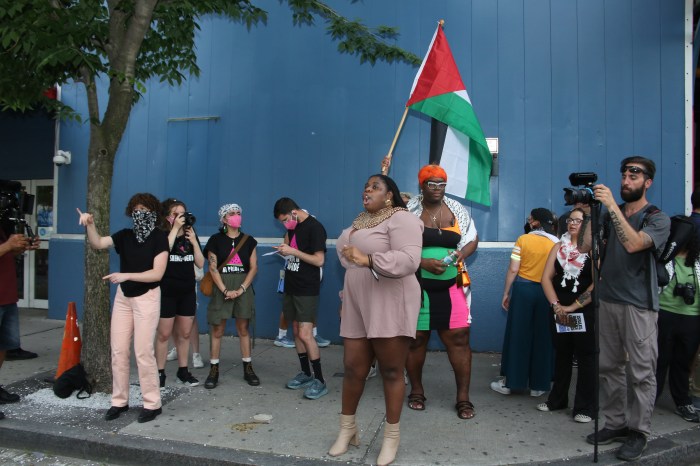 Protestors remind the gala patrons of the war in Gaza and how gentrification displaced trans and other members of the LGBTQ community