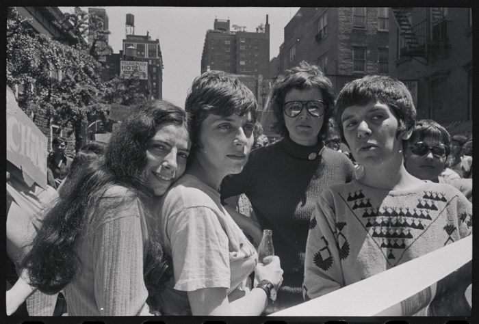 From left to right: Gayle, Ellen Broidy, unknown woman, and Arlene Kisner at New York City’s first-ever Christopher Street Liberation Day March in 1970.