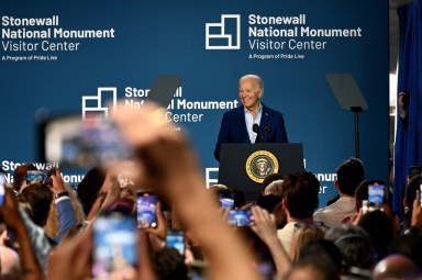 President Joe Biden addresses the audience at the opening of the Stonewall National Monument Visitor Center.