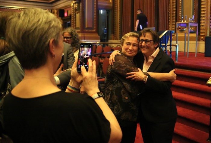 Brighton Beach Pride co-founder Yelena Goltsman embraces Rabbi Sharon Kleinbaum.