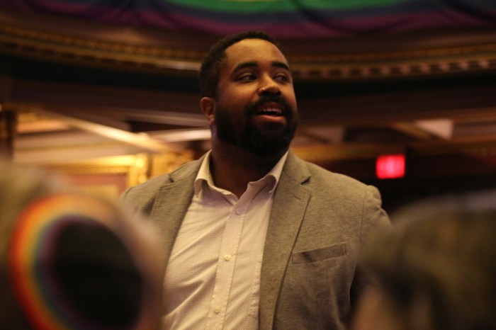 Incoming Cooperberg-Rittmaster Rabbinical Intern Marques Hollis greets the audience at the Congregation Beit Simchat Torah Pride Shabbat on June 28.