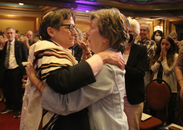 Rabbi Sharon Kleinbaum and her wife, Randi Weingarten, during Congregation Beit Simchat Torah's Pride Shabbat on June 28, 2024 at Masonic Hall in New York’s Chelsea neighborhood.