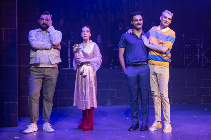 Blake Aburn, Michelle Coben, Jullien Aponte, and Devin Skorupski in Renaissance Theatre Company's 2024 production of "From Here" at The Pershing Square Signature Center.
